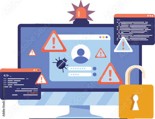 A computer screen displays warning signs and a padlock, indicating online security threats and protection.