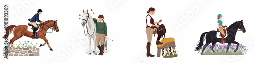 A set of flat illustrations featuring various horse riding and equestrian activities, including jumping, grooming, and riding through fields.