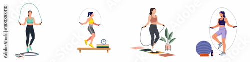 Collection of Flat Vector Illustrations Showing Women Exercising with Jump Ropes and Various Fitness Equipment for Home and Gym Workouts