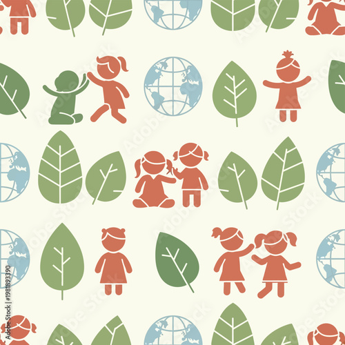 Children playing together in decorative pattern.