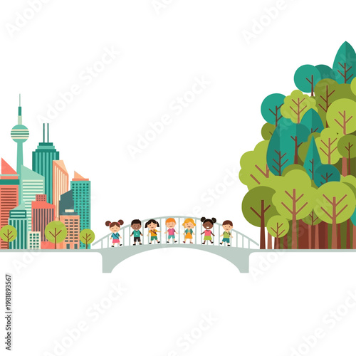 Group Of People Walking On A Bridge.