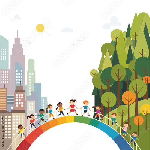 Children walking across rainbow arch bridge.