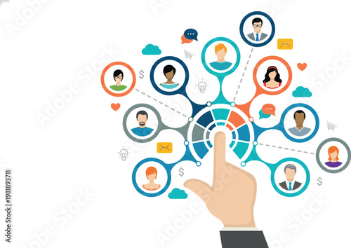 A hand interacts with a network of connected people icons in a vibrant and modern graphic design