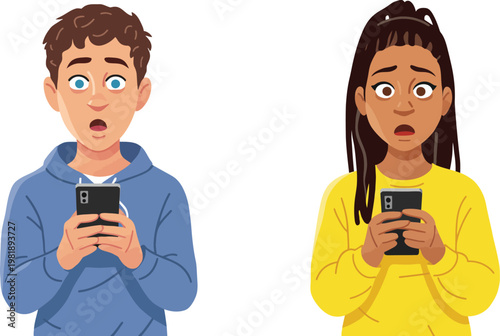 A cartoon illustration of a shocked man and woman holding smartphones