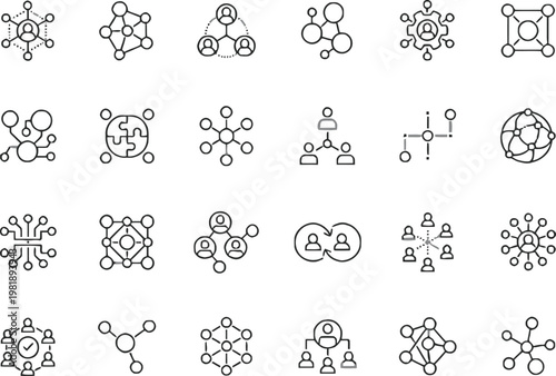 A collection of editable line icons depicting various connections and relationships in a modern design style