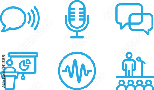 Communication and podcast icons set with microphone, chat, voice, messaging and public speaking symbols ideal for apps, media platforms and UI design