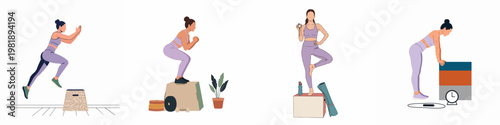 Set of four vector illustrations featuring a woman in purple activewear performing various gym exercises including box jumps, squats, and balance training on white background.
