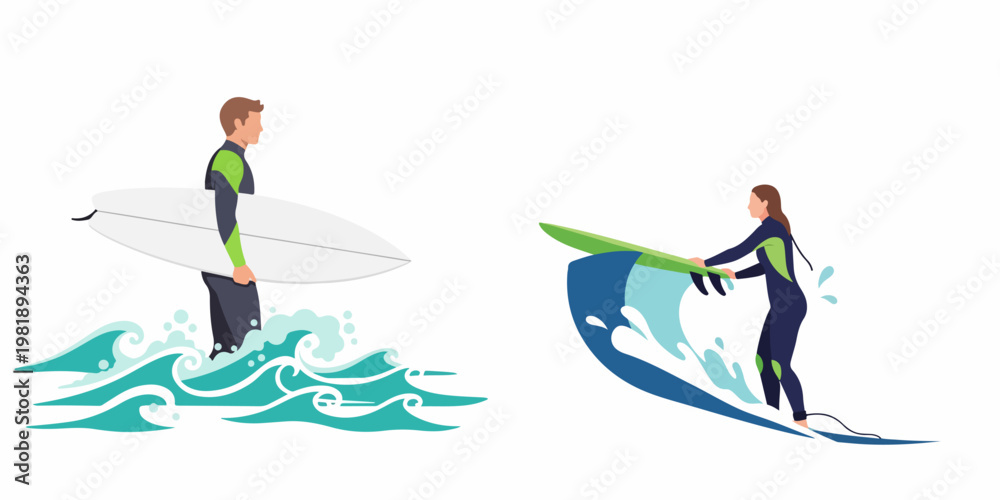 Fototapeta premium Flat vector illustration of a man and woman surfing on ocean waves, wearing wetsuits and holding surfboards on a white background.