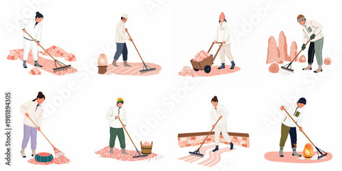 Set of flat vector illustrations featuring people working with pink Himalayan salt, harvesting, raking, and transporting crystals for wellness and commercial use.