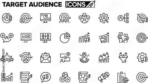 A collection of black and white target audience icons on a white background, featuring various marketing and business concepts.