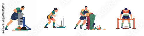 Set of flat vector illustrations featuring male and female rugby players engaged in various training drills, like scrumming, sled pulling, and tackling.