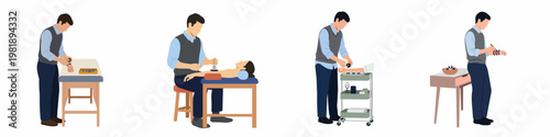 Set of four flat vector illustrations showing a therapist performing traditional cupping therapy and alternative medical treatments on patients in a clinical setting.