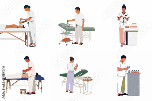 Flat illustration set of healthcare professionals performing vacuum cupping therapy and preparing medical supplies on massage tables in a clinic.