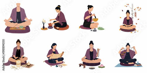 Set of illustrations depicting women practicing mindfulness, meditation, tea ceremony, sound healing, and spiritual rituals for wellness and self-care.