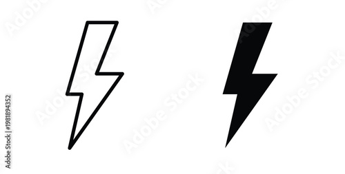 Lightning bolt icon in black and white color. Solid and linear icons