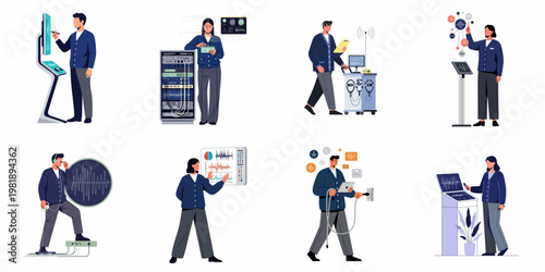 Professional technicians and scientists interacting with advanced technology, data monitoring equipment, and scientific diagnostic tools in a modern flat vector illustration style.
