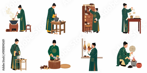 Traditional Chinese medicine practices illustration set featuring a pharmacist in a green robe preparing herbal remedies with various historical tools.