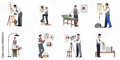 Collection of illustrations featuring a male iridologist or eye doctor conducting various vision tests, iris examinations, and medical research in a clinic setting.