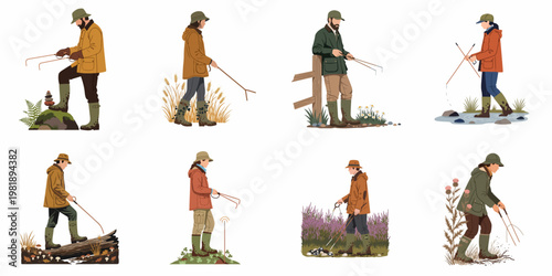 Collection of flat illustrations showing men and women using dowsing rods in various outdoor settings, wearing traditional countryside attire and wellington boots.