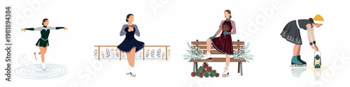 Collection of flat vector illustrations featuring women figure skating and enjoying winter activities in stylish outfits on ice.