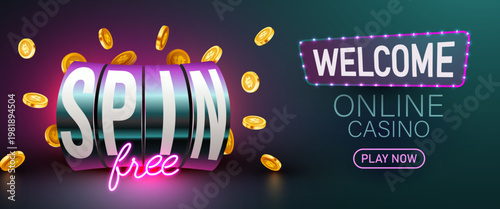 Online casino banner with SPIN free slot machine, golden coins, and WELCOME sign, ideal for game promotions. Vector illustration.