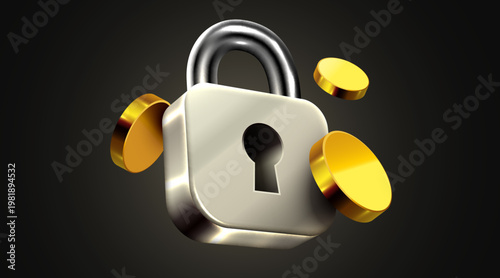 Shiny 3D padlock surrounded by golden coins on a dark background. This image represents secure digital finance.