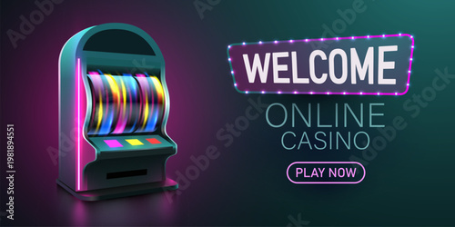 Vibrant neon slot machine and Welcome Online Casino sign, inviting players to a digital gaming experience. Vector illustration