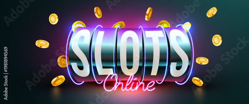 Dynamic online slots banner with neon text and golden coins, ideal for casino game marketing. Vector illustration.