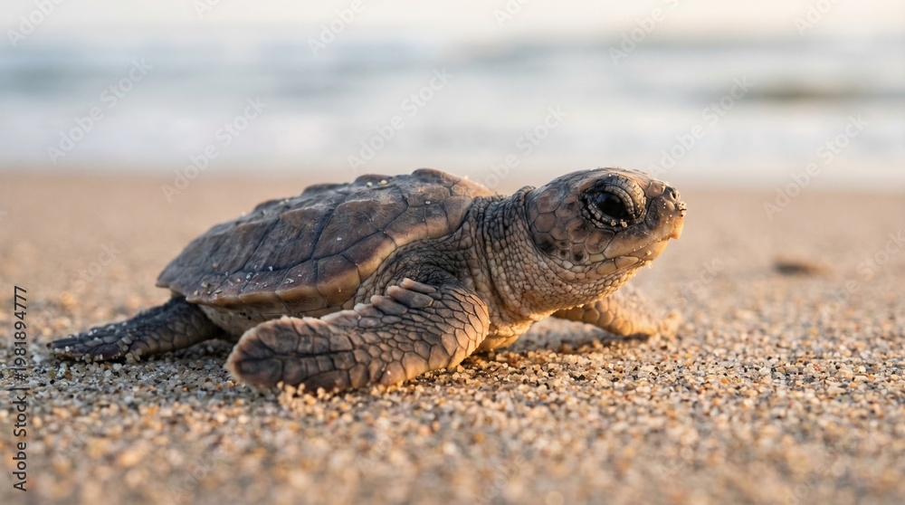 Obraz premium Turtle baby macro on sand, soft light, high detail texture