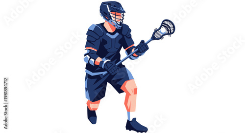 Lacrosse Player Running with Stick, Full Gear, Dynamic Action Pose, White Background