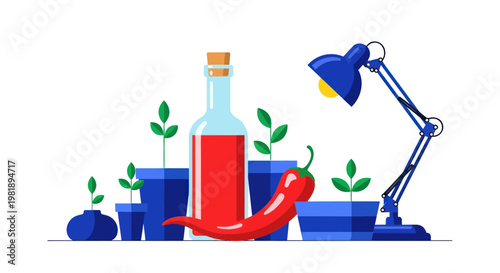 Homegrown Chili Pepper Plant Growth with Artificial Light and Red Liquid