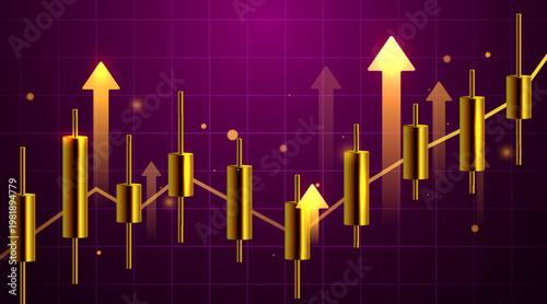 Golden candlestick financial chart on a purple grid background, symbolizing market growth and investment success.