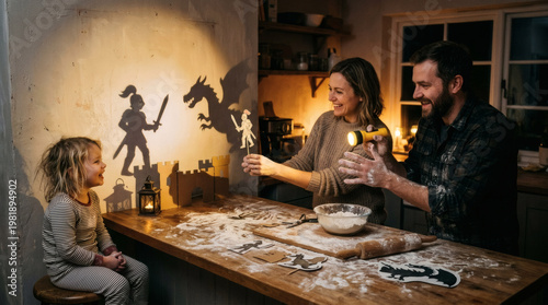 A family enjoys a shadow puppet show with a knight and dragon projected onto a wall, creating a magical evening.