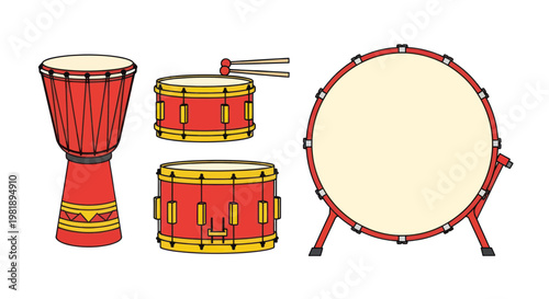 Collection of Red and Yellow Drums: Djembe, Snare, Bass Drum with Drumsticks