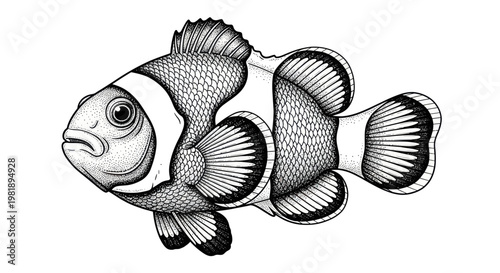 Clownfish illustration, black and white, detailed ink drawing, isolated on white background