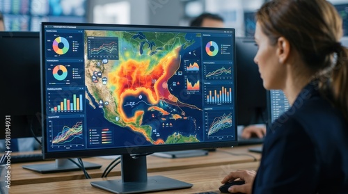 Focused medium shot on a catastrophe risk AI dashboard embedded in a brokers tool revealing detailed predictive analytics and heatmap overlays with the environment gently out of