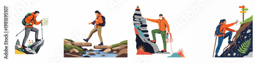 Flat vector illustrations set of diverse hikers navigating trails, crossing streams, and climbing mountains with backpacks and outdoor gear.