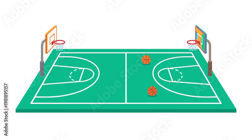 Basketball Court Illustration: A vibrant illustration depicts a basketball court, complete with hoops, net and basketballs, symbolizing the energetic environment of competition and sports.