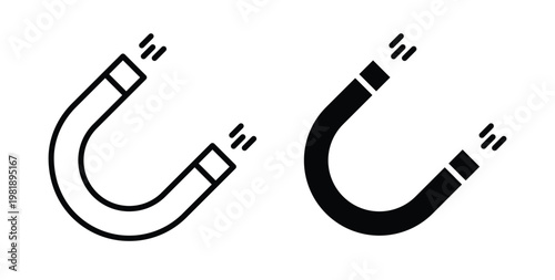 Magnet icon in black and white color. Solid and linear icons