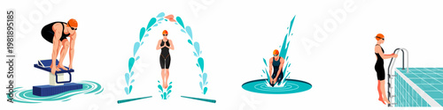 Collection of flat illustrations showing professional swimmers in various poses including diving, starting, and entering the pool in a minimalist style.