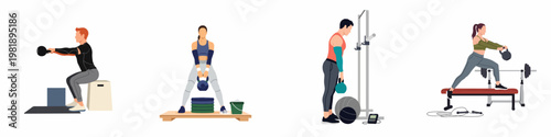 Flat vector illustrations of people performing strength and conditioning exercises with kettlebells and gym equipment, isolated on a white background.