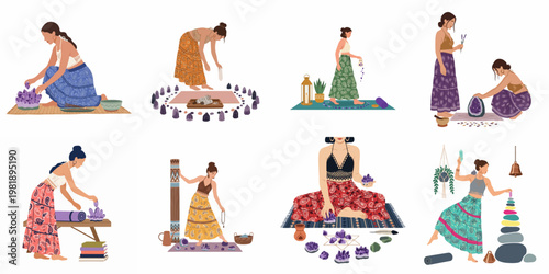 Collection of bohemian women practicing spiritual rituals with crystals, meditation, smudging, and holistic healing activities in a flat illustration style.