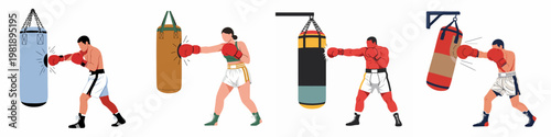 Set of male and female boxers practicing punches with heavy bags, flat vector illustrations of athletes training for a match.