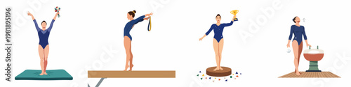 Vector illustration set of a female gymnast performing on a balance beam, celebrating with a trophy, and standing with a bouquet.