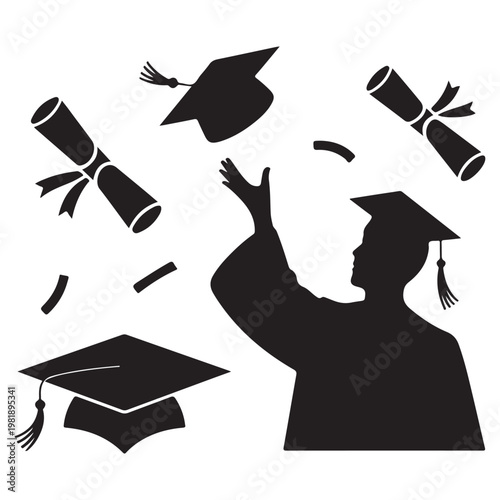 Graduation Icons Set – Graduate Silhouette with Academic Symbols Vector Collection
