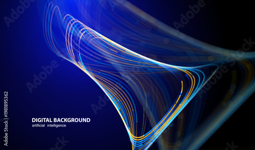 Flowing lines in technology style. Artificial Intelligence banner. Ai big data stream web line waves on blue background. Futuristic concept of connect vector blurred design.