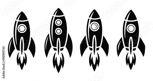 Four black rocket ship with flames on a white background