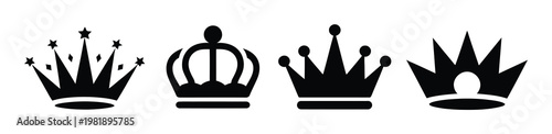 Four Black Silhouette Crowns on a White Background
