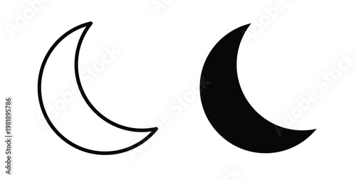 Moon icon in black and white color. Solid and linear icons