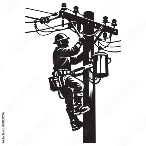 Professional Electrician Repairing Power Lines High Voltage Illustration